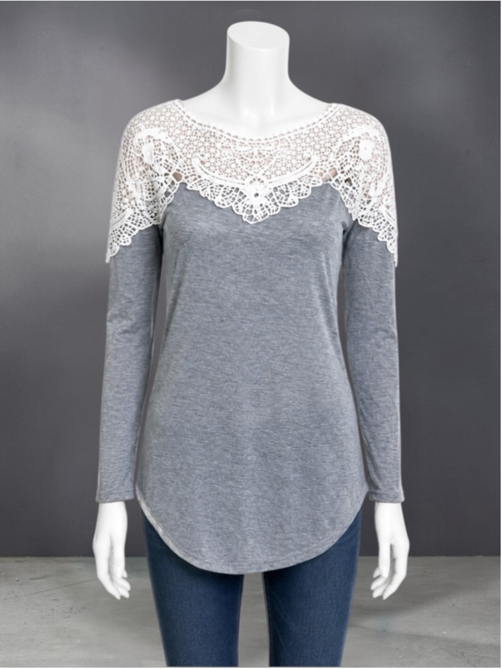 Heather Gray Contrast Lace Long Sleeve Tee